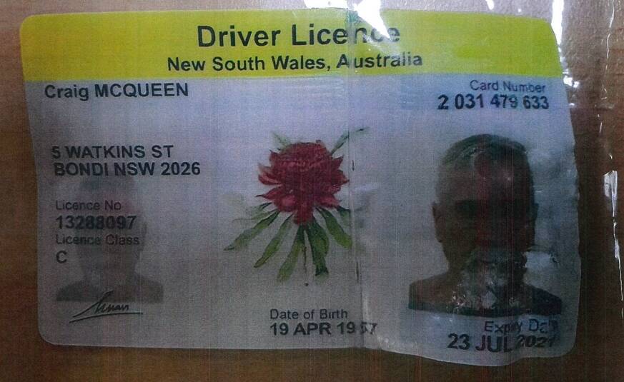 FAKE: A licence he used in the name of Craig McQueen. 