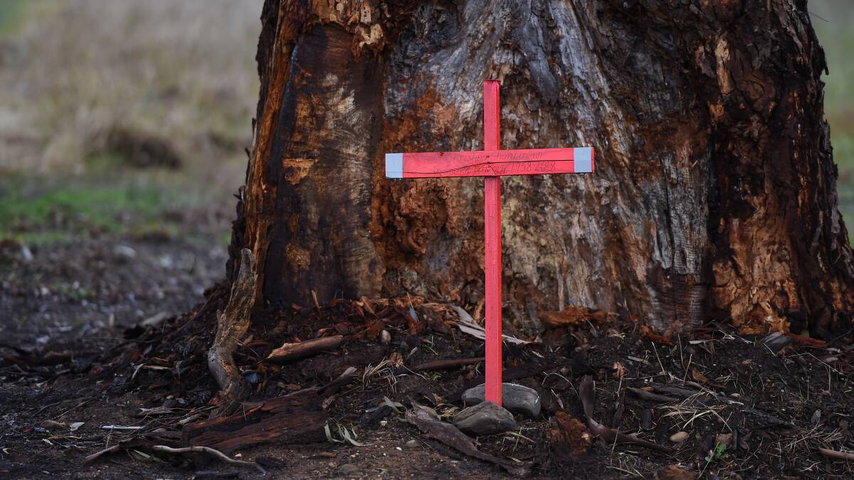 CRASH SCENE: A cross left in tribute to Christina Chamberlain after her vehicle left the Great Alpine Road and hit a tree. She was badly injured and died at the scene. 
