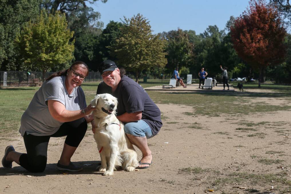 OPEN SPACE: Golden retriever Maggie with owners Deb and David Marquis at the Belvoir dog park on Sunday. Wodonga Council staff have proposed upgrades at the site. Picture: TARA TREWHELLA