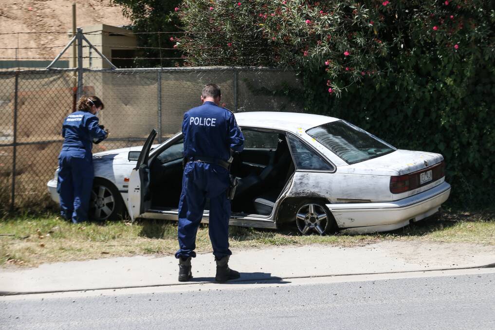 CRASH: A white Holden Commodore that Luke Robin crashed during a car chase in South Albury in December 2015. It was one of many dangerous incidents he has been involved in after turning to crime at a young age. 
