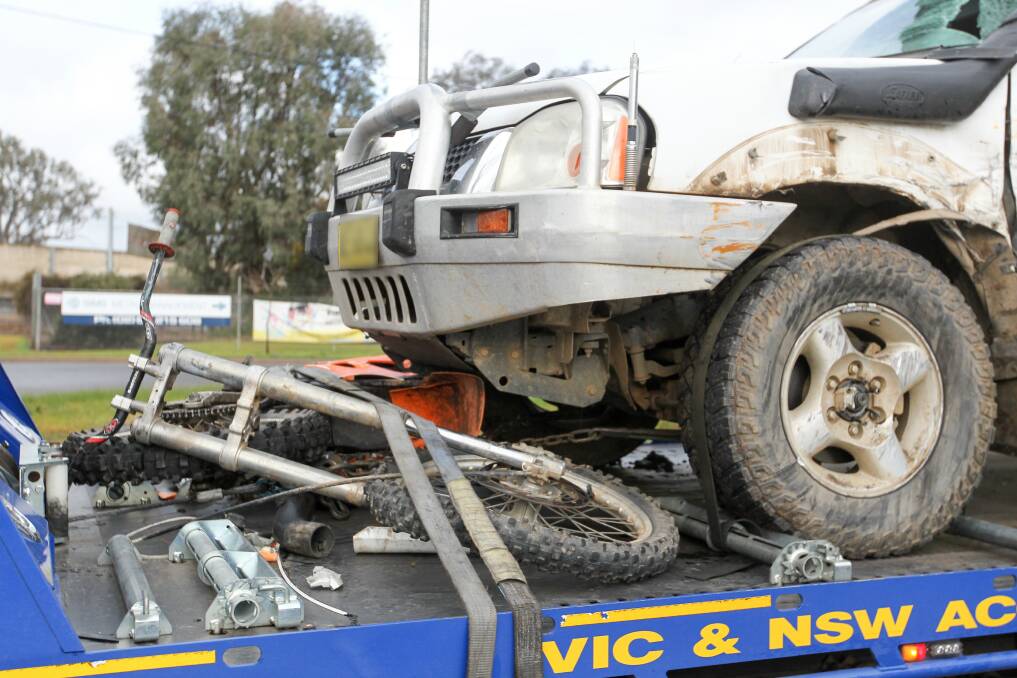 SEIZED: The Howlong man's Nissan Navara utility was towed from the scene of the crash outside his home on Lowe Street last July, along with the two bikes. 