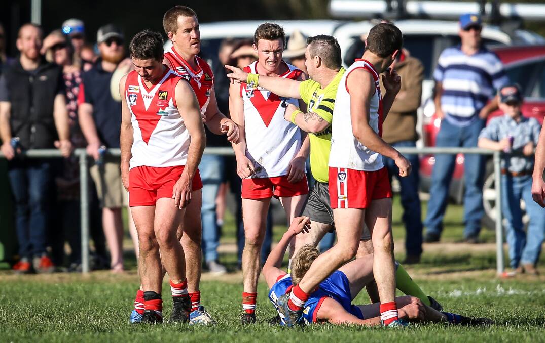 REPORTED: Federal player Ashley Tyrell is reported in Saturday's Upper Murray grand final at Tallangatta. Bullioh player Kelvin Wallace was knocked to the ground and underwent surgery in Albury following the incident. 