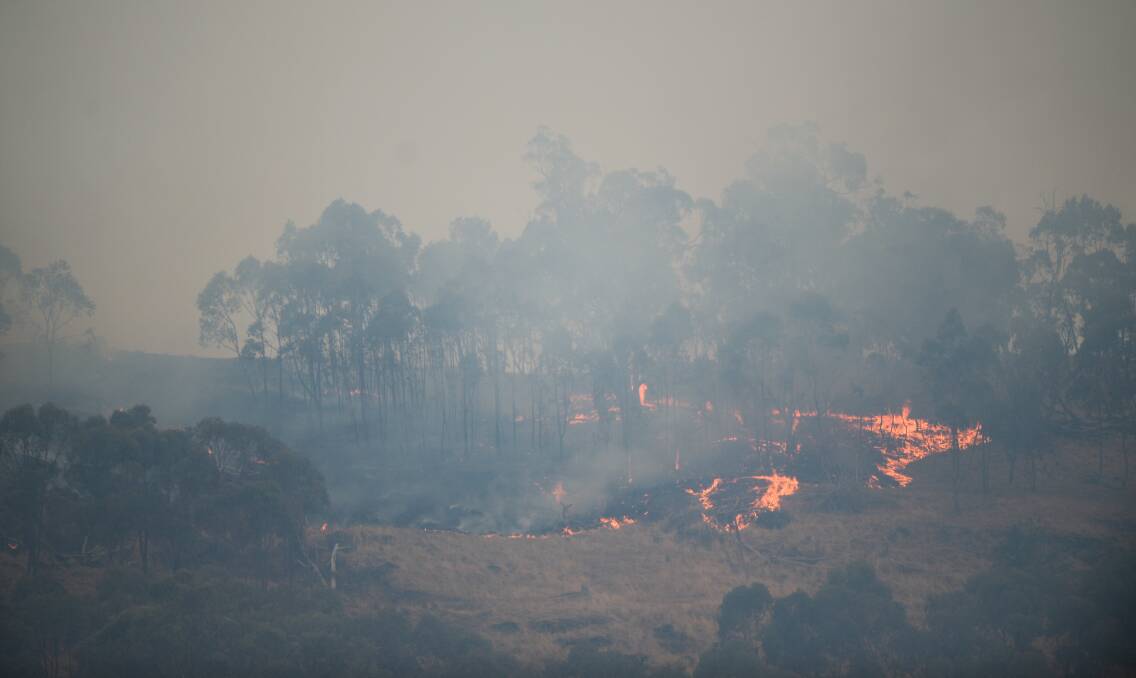 ALIGHT: The fire on Huon Hill, which is heading east. Picture: MARK JESSER