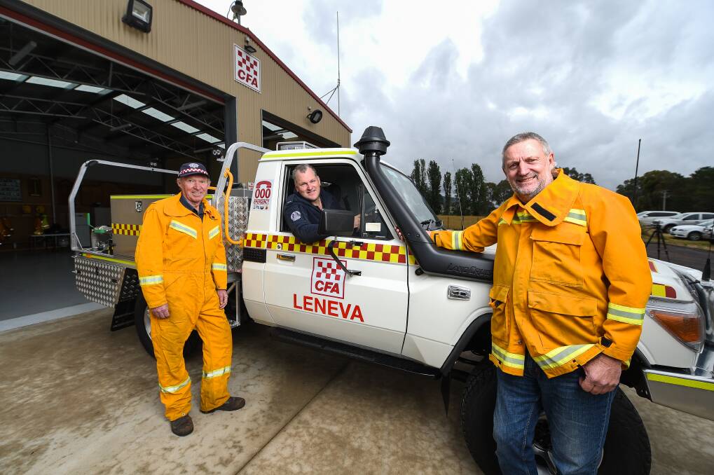 SUPPORT: Lachlan Blake, Cam Potter and Bruce Morrison with the new vehicle handed over to the Leneva CFA brigade on Friday, in time for the busy bushfire danger period. Picture: MARK JESSER