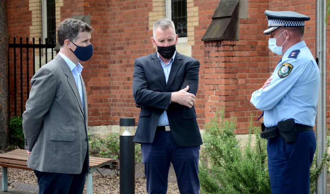CHANGES: Member of Albury Justin Clancy, mayor Kevin Mack and Superintendent Paul Smith discuss the latest stay-at-home measures at a press conference yesterday. Picture: BLAIR THOMSON