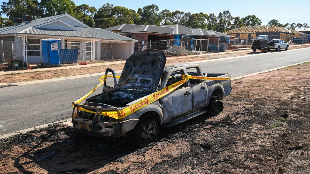 GUTTED: The utility was engulfed by flames after being set alight in a new housing development in Thurgoona early Friday morning. Picture: MARK JESSER