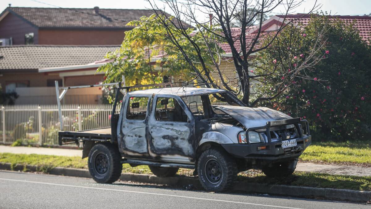 BURNT OUT: Police have recorded a rise in car thefts. This vehicle was gutted by fire on Dick Road in Lavington recently. Picture: JAMES WILTSHIRE