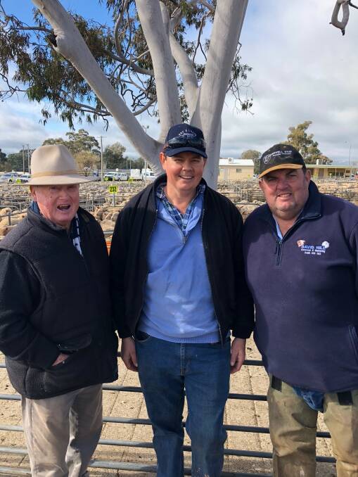 SOLD: Peter Mellington with Mat Bergmeier "Calthorpe" Brocklesby, who sold new season lambs to a top of $229.00, and David Hill from Elders. 
