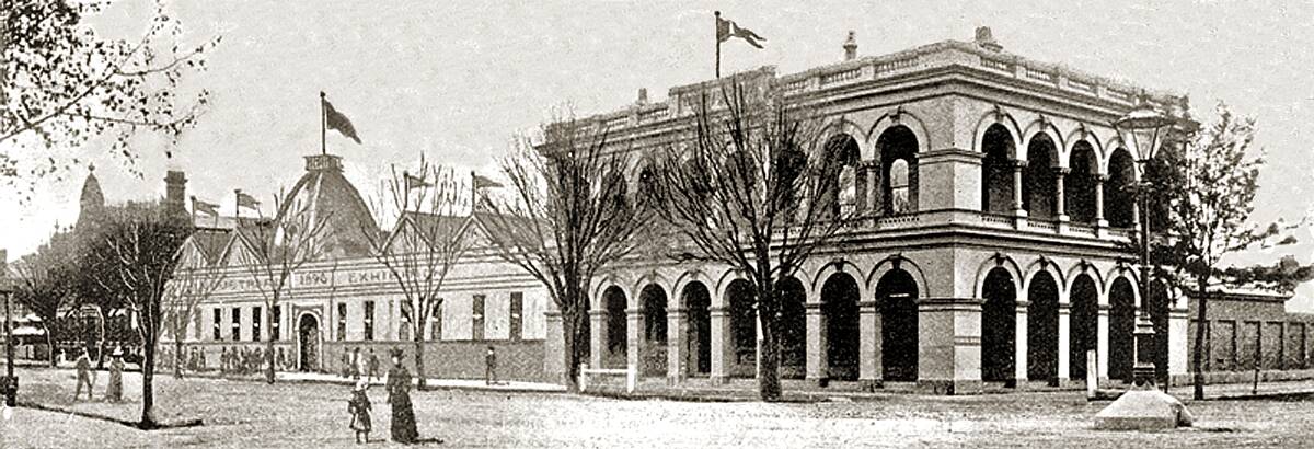 EXHIBIT: A temporary iron building was erected between the Mechanics Institute (left) and the Telegraph Office (right) for the 1896 Albury Industrial Exhibition.