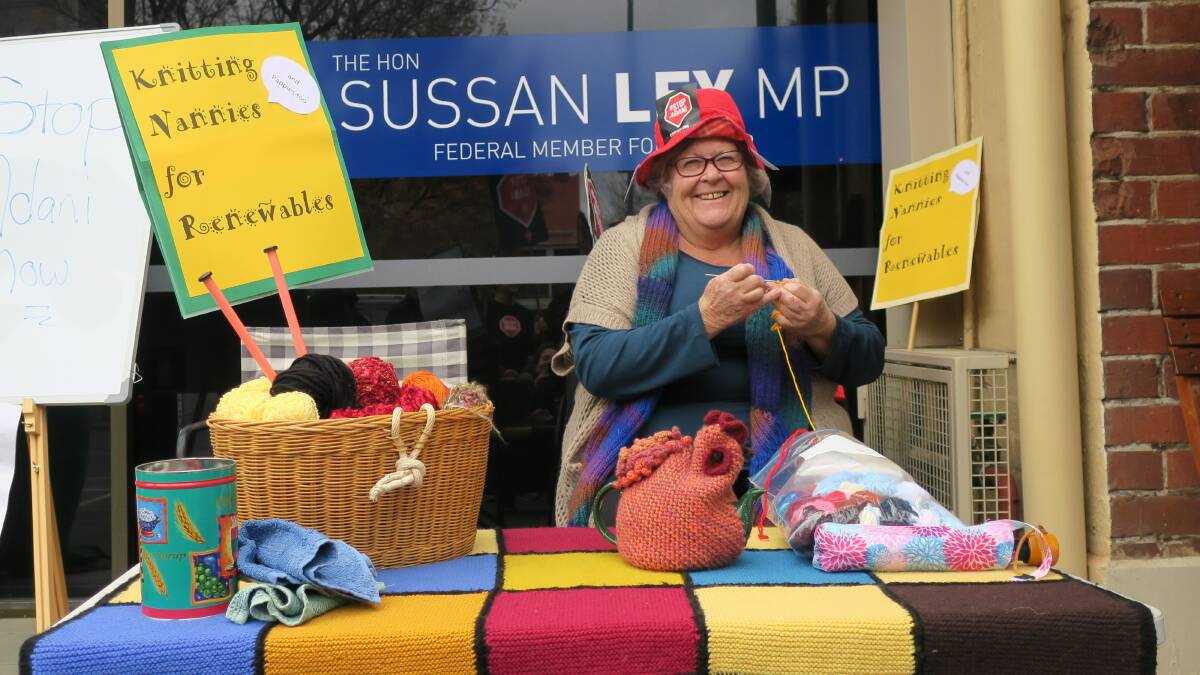 A PURLER OF A PROTEST: Helen Harbutt of Albury-Wodonga's Knitting Nannas for Renewables, will support local students in a climate strike in QEII Square on September 20.