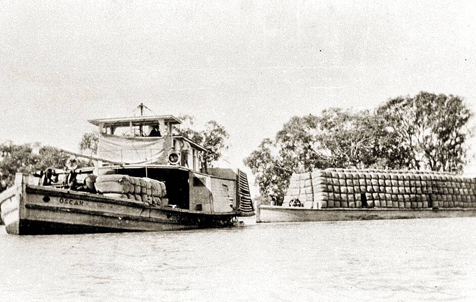 TRADE: PS Oscar and barge loaded with wool bales on the Darling River circa 1930. The river trade was an important consideration in planning infrastructure on the Murray.