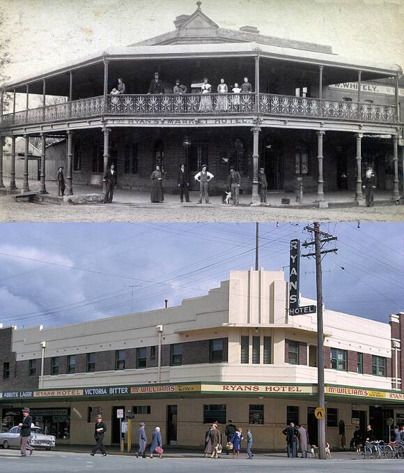 HOTELS: Top; the 1895 building, Ryan's Market Hotel in 1903. Bottom; Ryan's Hotel in 1963 as many locals will remember it, the art deco style building of 1938.