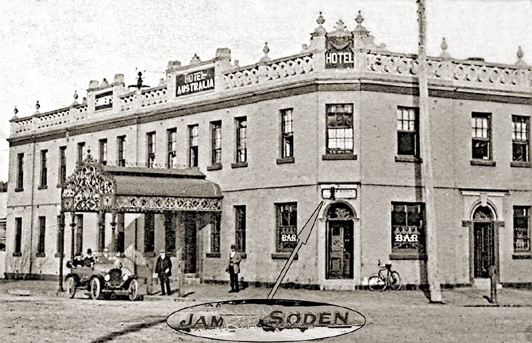 A photo of Soden's Hotel Australia in the 1920s. Inset below is the sign that was revealed after the damage done in late 2020.