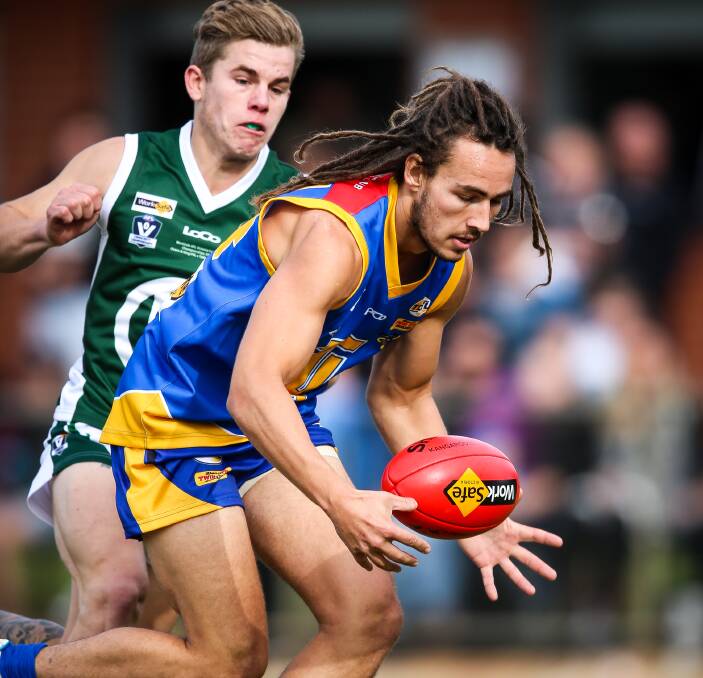 DREADED RESULT: Lee Dale was a strong contributor for the Tallangatta league off a half-back flank but the Ovens and King proved far too strong at W.J. Findlay Oval, winning by 29 points. Picture: JAMES WILTSHIRE