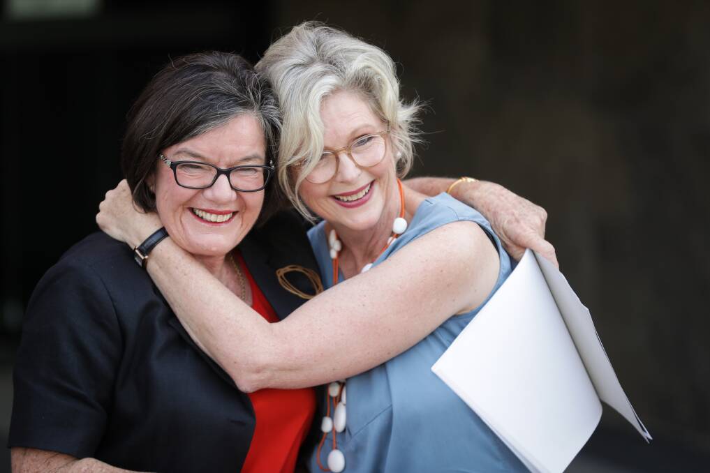 EMBRACE: Cathy McGowan and Helen Haines on Monday morning. Picture: JAMES WILTSHIRE