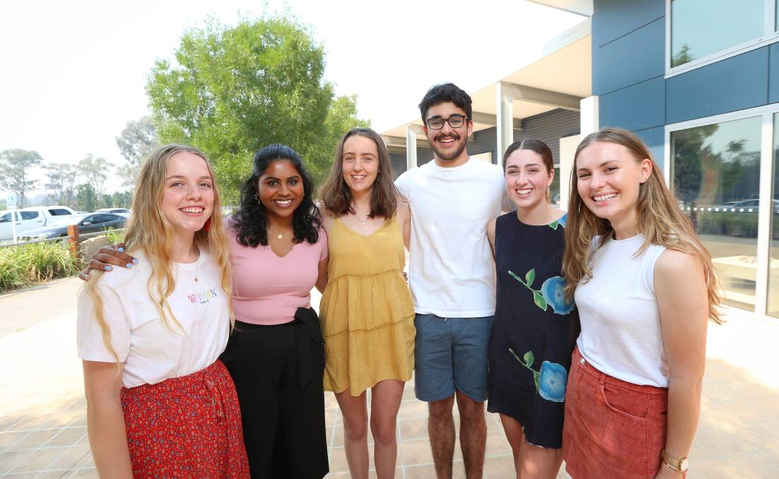 Trinity Anglican College's Sienna Day, Madhulikaa Sarjapuram, Ella Baker, Mehtaab Gill, Faye Cameron and Ebony Trebilcock joined 66,000 NSW high school students in getting their HSC results. Picture: JAMES WILTSHIRE