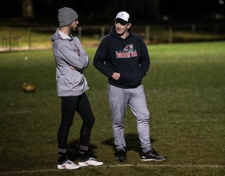 SUPPORT: Sam Murray and Daryn Cresswell at Birallee Park last year when Murray returned to train with Wodonga Raiders. Picture: JAMES WILTSHIRE