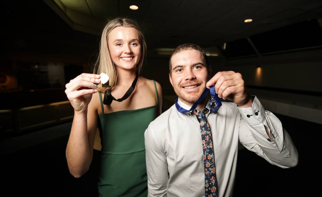 CHEERS: Sophie Hanrahan and Brodie Filo were all smiles after winning the netball and football best and fairests. Picture: JAMES WILTSHIRE
