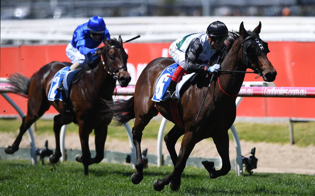 CRUISING: Craig Williams aboard Champagne Boom as she cruises to victory at Caulfield on debut in October. The filly will contest the 2YO Magic Millions today.