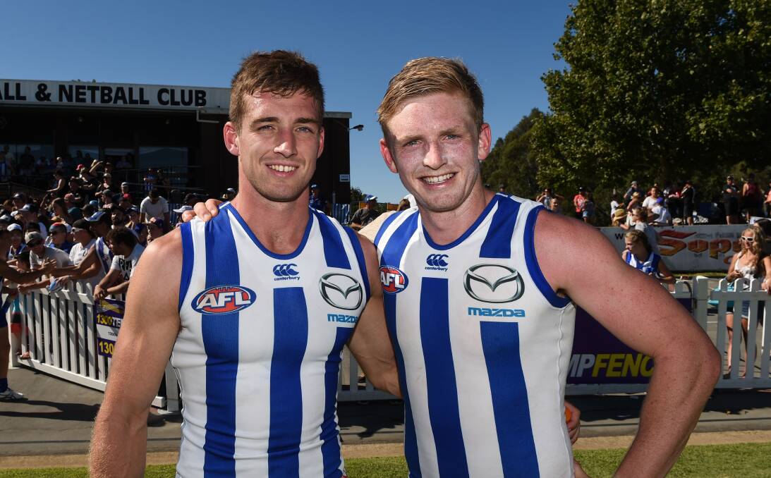 ROO BLUE: Corryong's Shaun Atley and Wodonga's Jack Ziebell, who both play for North Melbourne, are behind the Footy For Fires campaign. Picture: MARK JESSER