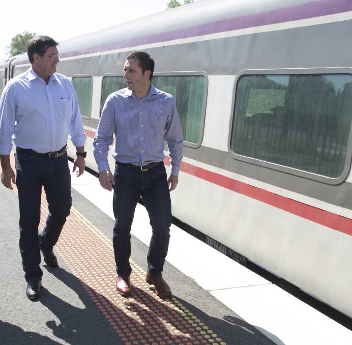 Liberal MP Bill Tilley with Victorian opposition leader Matthew Guy at Wodonga railway station.