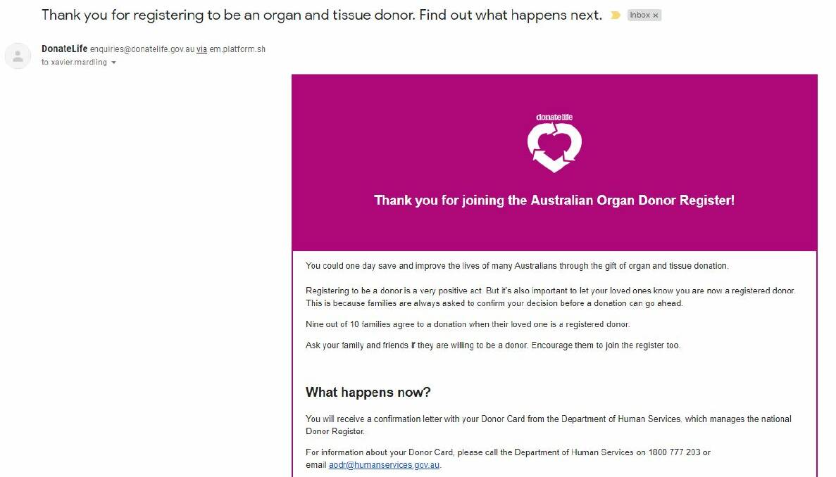 The thank you email for signing up to become an organ donor