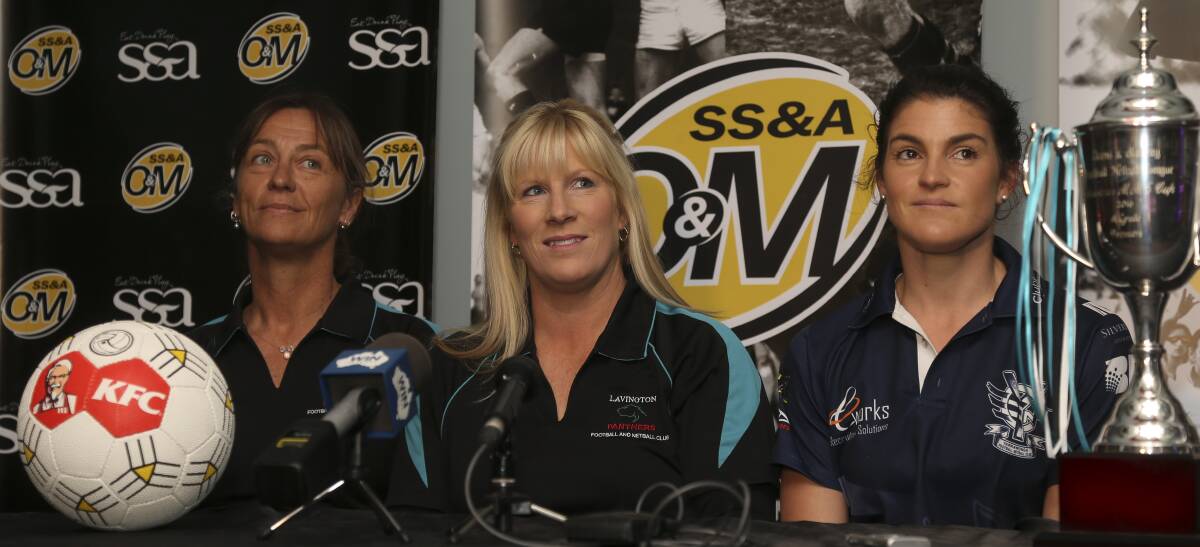 BRING IT ON: Lavington co-coaches Tracy Way and Tamara Mathews joined Yarrawonga's Laura Bourke ahead of Sunday's netball grand final. Picture: ELENOR TEDENBORG
