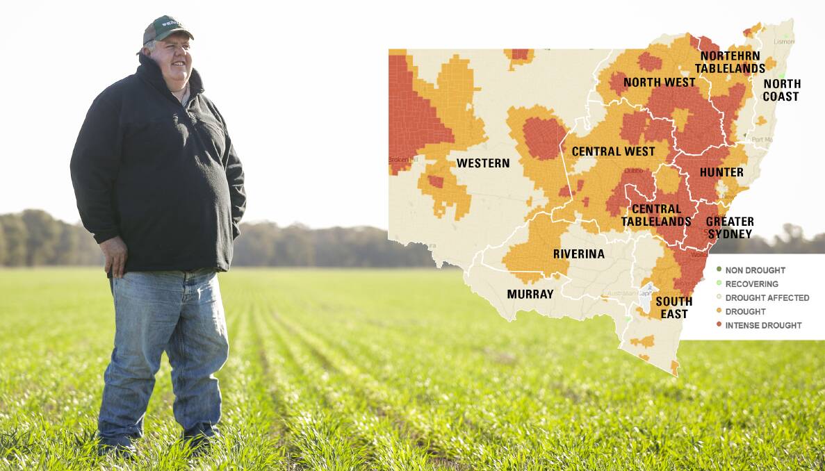 FORTUNATE: Jason Schilg at his Walla farm; INSET: The latest NSW drought map. PIcture: JAMES WILTSHIRE
