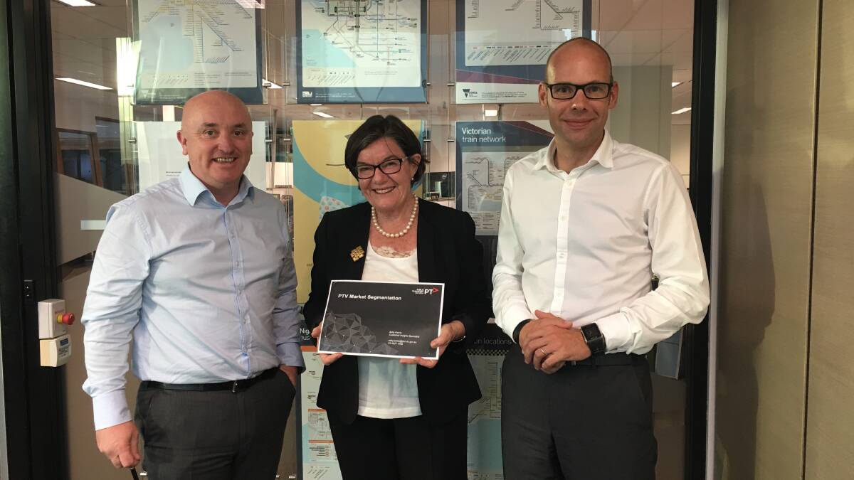 CEO of V/Line James Pinder, Independent Member for Indi Cathy McGowan, and CEO of Public Transport Victoria Jeroen Weimar.