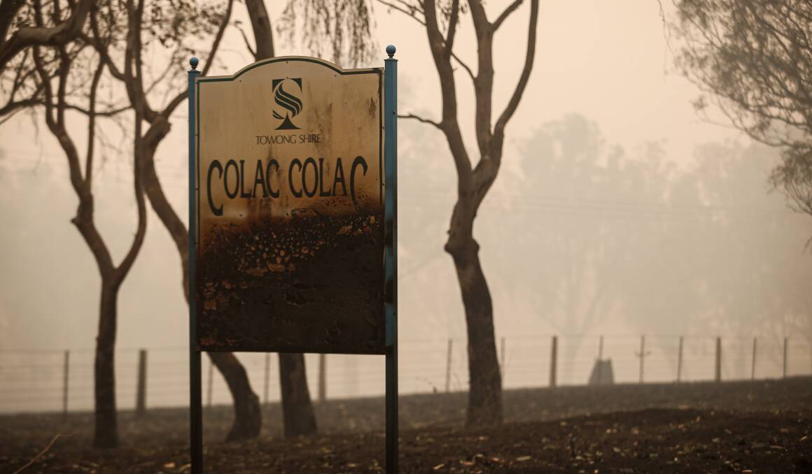 The burnt entrance sign to Colac Colac. Picture: JAMES WILTSHIRE