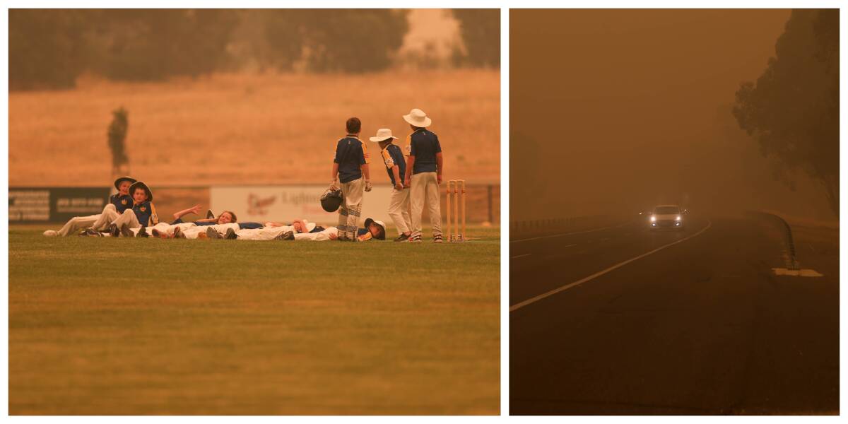 Junior cricketers have a lie down in the smoke over the weekend while a motorist drives on the Hume Highway in the hazy conditions. Pictures: TARA TREWHELLA
