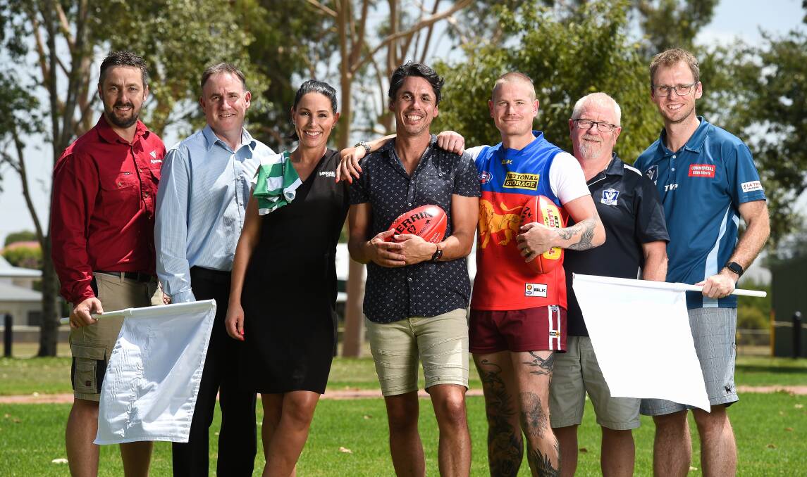 HELPING HANDS: Andrew Reid (Signarama), Gerard Darmody (SS&A Club), Alicia Torcaso (McRae Holden), Ben Hollands (Dutch Media), David Kapay (Miss Amelie), Gavin Rendell and Michael Bocquet, both of AFL NEB, look forward to the charity match in March. Picture: MARK JESSER
