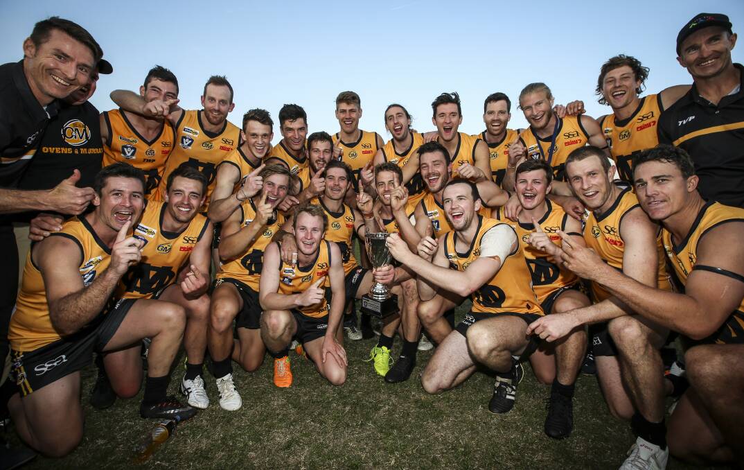 THAT WINNING FEELING: The Ovens and Murray celebrates its 2017 victory over the Goulburn Valley, who it could play again next year if the AFL Victoria Community Championships fall over.