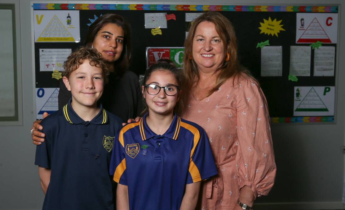 INSPIRED: Career development consultant Ayesha Umar and Bandiana Primary School principal Donna Wright with school captains Zeejay Holland, 11, and Chloe Robinson, 12, both in year 6, on Wednesday. Picture: TARA TREWHELLA