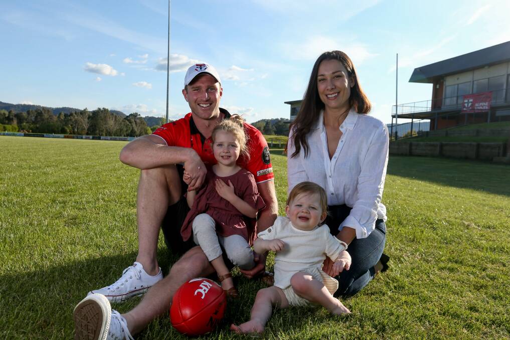 GIANT SIGNING: Former Geelong and GWS ruckman Dawson Simpson, pictured with wife Allira and children Nash and Isla, will be a big recruit for Myrtleford.
