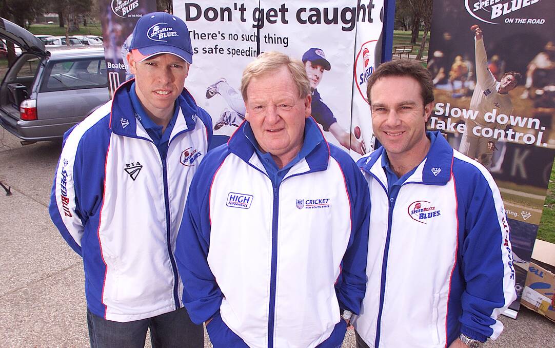 Michael Slater, right, in Albury in 2003 with Dominic Thornely and Warren Smith.