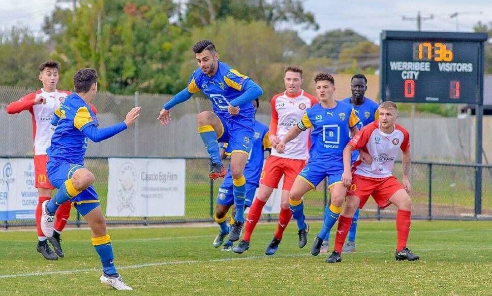  Tyler Curran (far right) in action for Murray United's under 20s against Werribee City FC on Saturday, June 16. Picture: WERRIBEE CITY FC FACEBOOK
