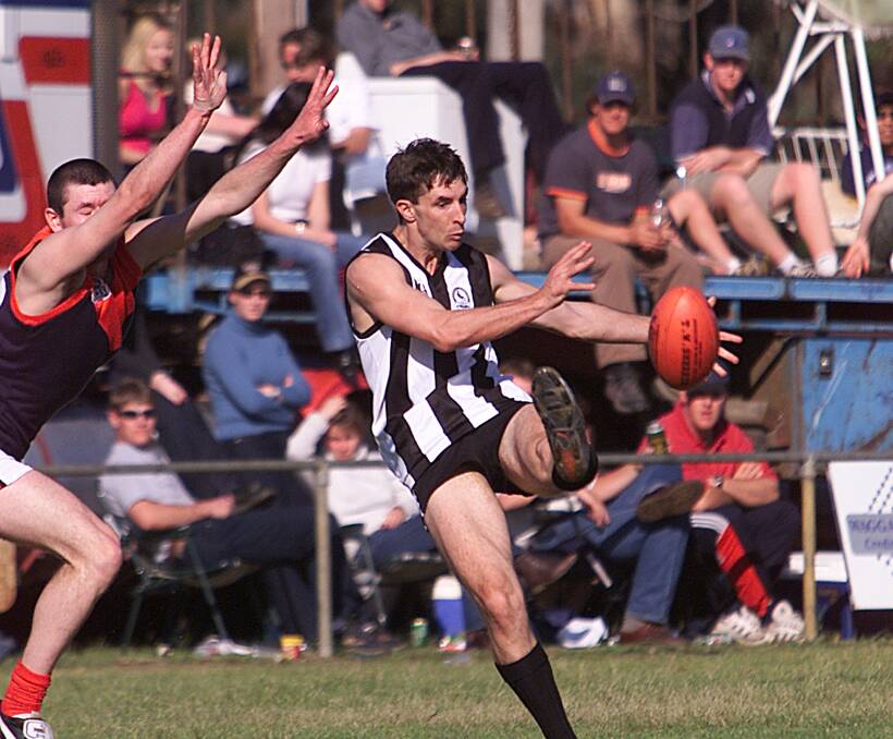 IT'S BLACK AND WHITE: Former Murray Magpies coach Steve Hetherton pictured in action in the 2001 Coreen and District league grand final against Jerilderie.
