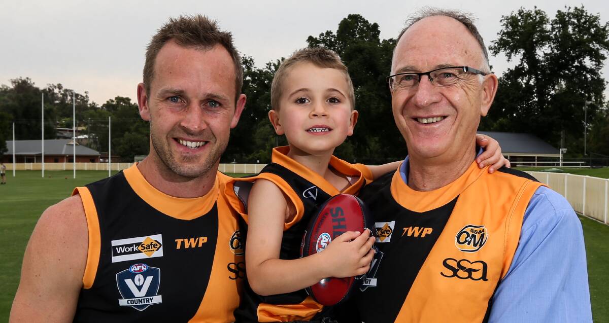 LIKE FATHER, LIKE SON: Albury recruit Daniel Cross, pictured with son, Tyler, 4, and father, Peter, is keen to represent the Ovens and Murray. Picture: JAMES WILTSHIRE