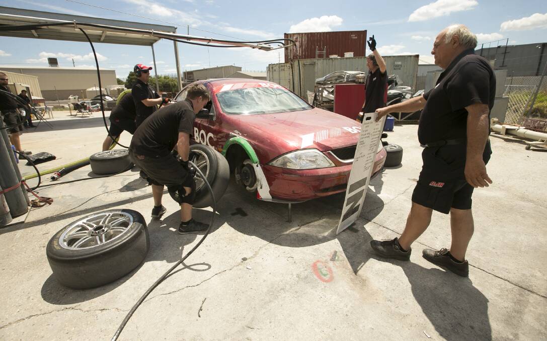LIFE IN PIT-LANE: Brad Jones' East Albury-based team at pit-stop practice. Pictures: ELENOR TEDENBORG
