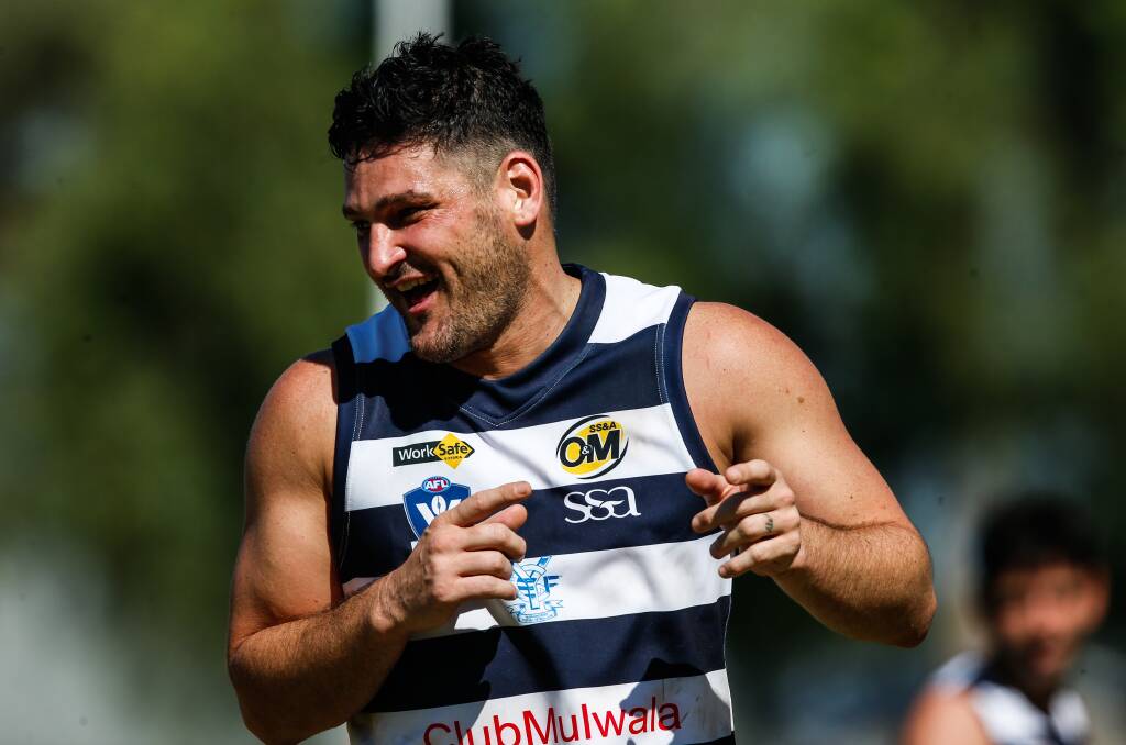 Brendan Fevola, pictured celebrating one of his nine goals against Wangaratta Rovers on Easter Sunday, will play for Glenrowan on Anzac Day.
