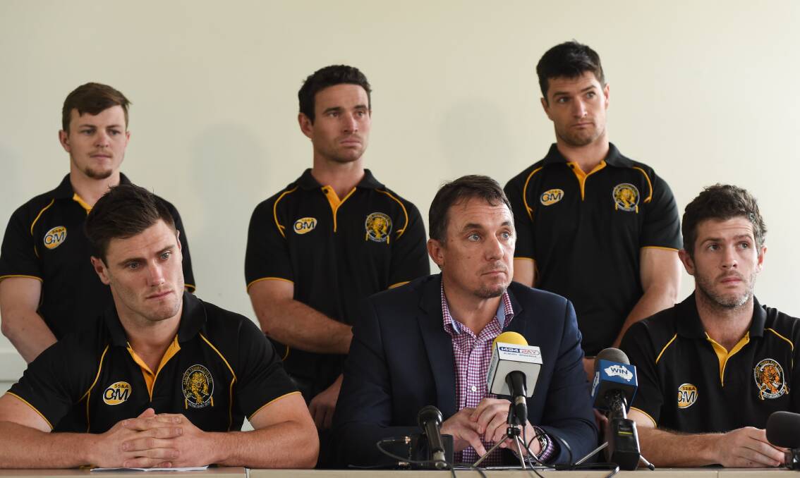 REGRETFUL: A sombre Brayden O’Hara, bottom left, apologised three days after he appeared to urinate in the Ovens and Murray premiership cup during celebrations.