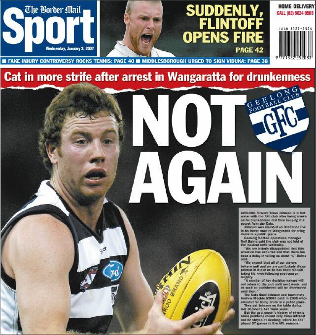 Steve Johnson on the back page of The Border Mail in January 2007, shortly after his indiscretion in Wangaratta.