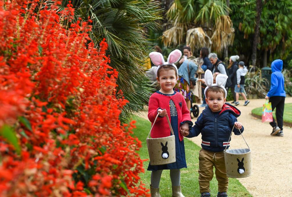 EGG-CITED: Sophie Ryan, 3 and Oscar Ryan, 1 of Albury, hunting for Easter eggs in the Albury Botanic Gardens. Picture: MARK JESSER