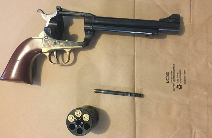 A revolver seized by police during a raid on a Thurgoona house, where they arrested alleged major Albury-Wodonga drug dealer Connor Tristian Thorn-Barnstable. Picture: NSW POLICE