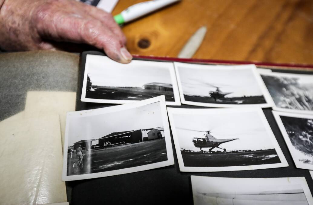 Treasured photographs of the first helicopter in which Charlie Boase flew. His passion for flying has stayed with him for life.