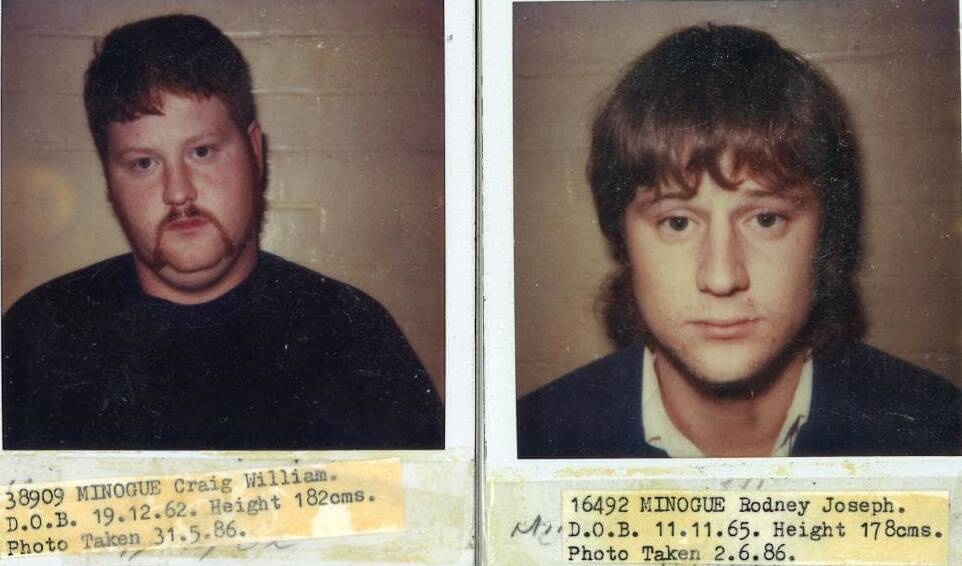Police mug shots of Craig and Rodney Minogue on their arrest over the Russell Street bombing in 1986.