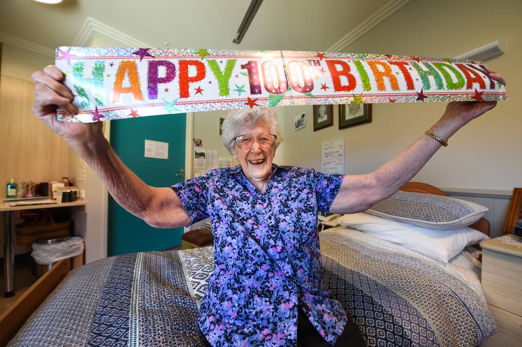 FEELING FORTUNATE: Mercy Place Albury resident Evelyn (Billie) Trebley celebrates her special day with delight on Tuesday. Picture: MARK JESSER