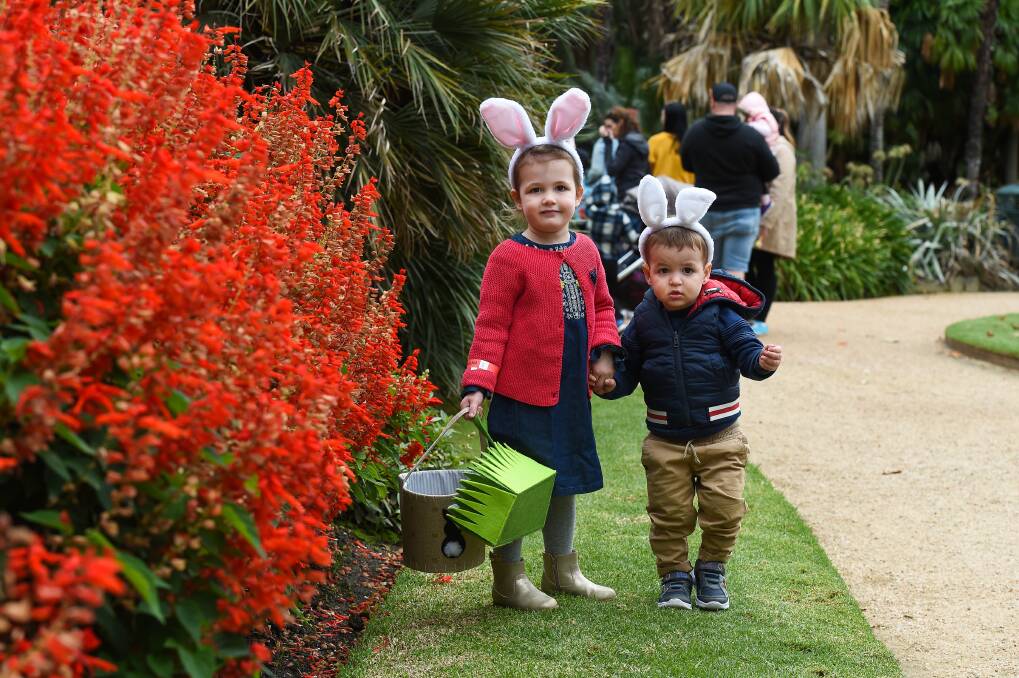 LOOKING FOR EGGS: Sophie Ryan, 3 and Oscar Ryan, 1 of Albury, search in Albury Botanic Gardens at last year's hunt.