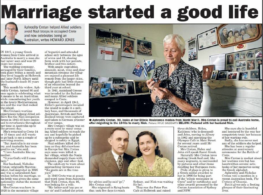 FLASHBACK: In 2010, then-Border Mail reporter Howard Jones wrote an article about Albury's Aphrodity Cretan and her wartime experiences.